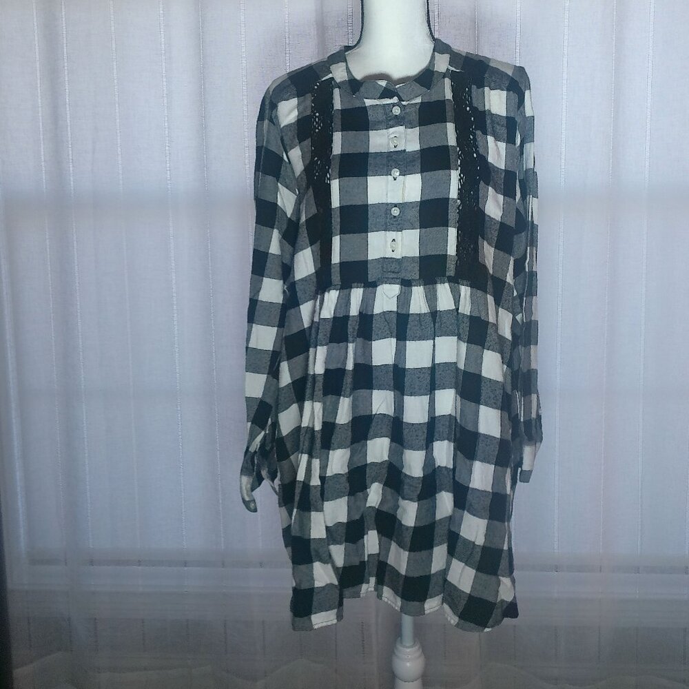WRANGLER RANCH SHIRTS Long Sleeve 1/2 Button-up Black/White Plaid Tunic XL